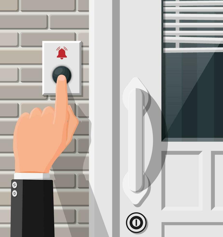 mano empujar el campana botón a el frente puerta. dedo prensas el timbre de la puerta cambiar. persona anillos en el departamento. plano vector ilustración