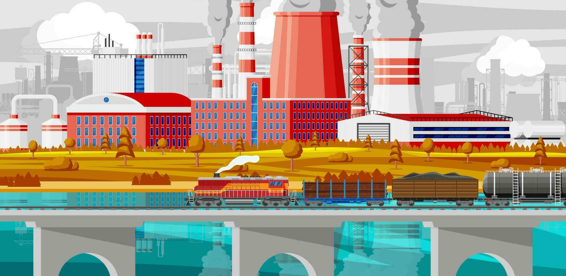 Industrial Landscape of Cargo Rail Transportation with Plant and Fuming Pipes. Factory Building. Pipes, Buildings, Warehouse, Freight Railway Station. Cityscape Urban Skyline. Flat Vector Illustration