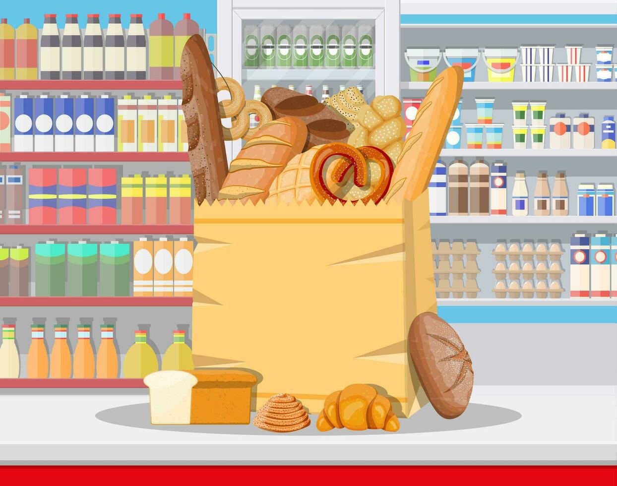 Bread products in shopping mall supermarket interior. Whole grain, wheat and rye bread, toast, pretzel, ciabatta, croissant, bagel, french baguette, cinnamon bun. Flat vector illustration