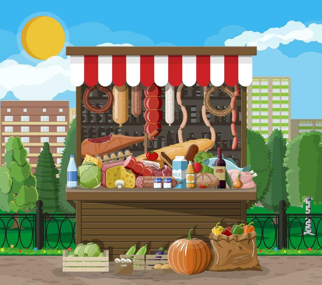 tradicional mercado de madera comida puesto lleno de comida con cajas ciudad parque, paisaje urbano y arboles cielo con nubes y Dom. ocio hora en verano ciudad parque. vector ilustración plano estilo