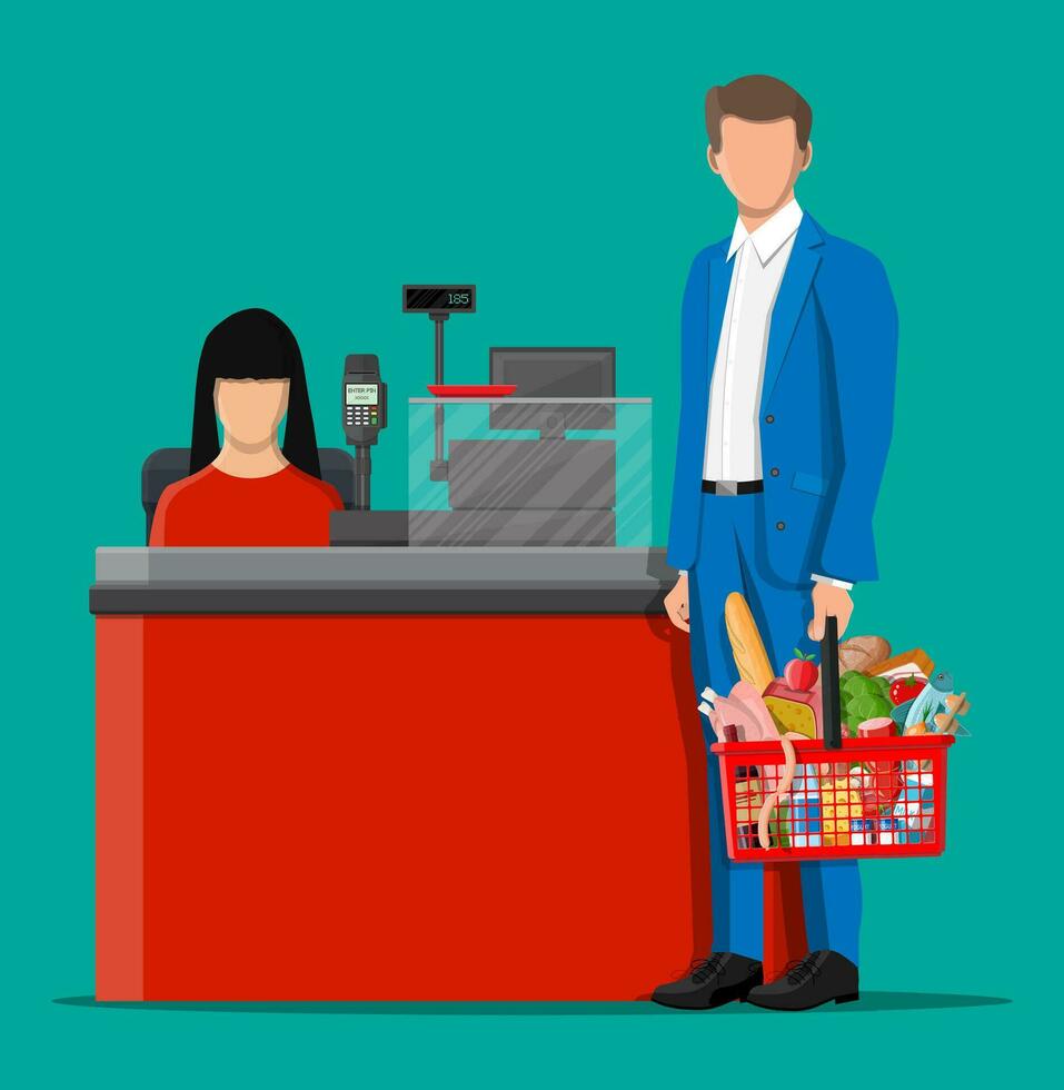 Groceries in checkout counter. Grocery store collection. Supermarket. Fresh organic food drinks. Milk, vegetables meat chicken cheese sausages, wine fruits, fish cereal juice. Flat vector illustration