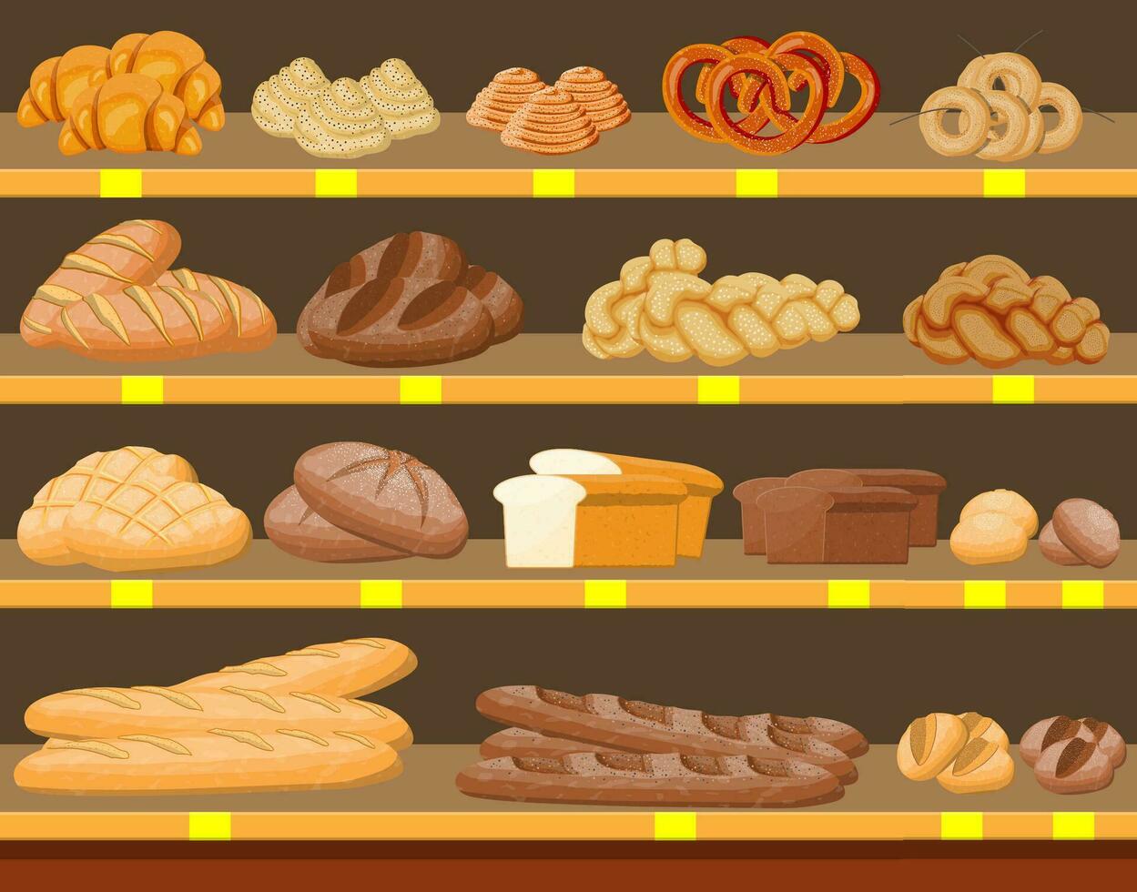 Bread products in shopping mall supermarket interior. Whole grain, wheat and rye bread, toast, pretzel, ciabatta, croissant, bagel, french baguette, cinnamon bun. Flat vector illustration