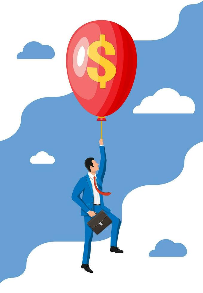 empresario en traje volador un globo. negocio hombre con maletín y helio globo con dólar signo. concepto de éxito, carrera crecimiento. logro y meta. vector ilustración en plano estilo