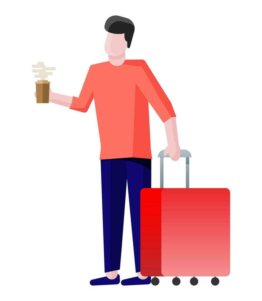 hombre con viaje bolsa. turista con maleta y vaso de café va a aeropuerto. aislado plano vector ilustración