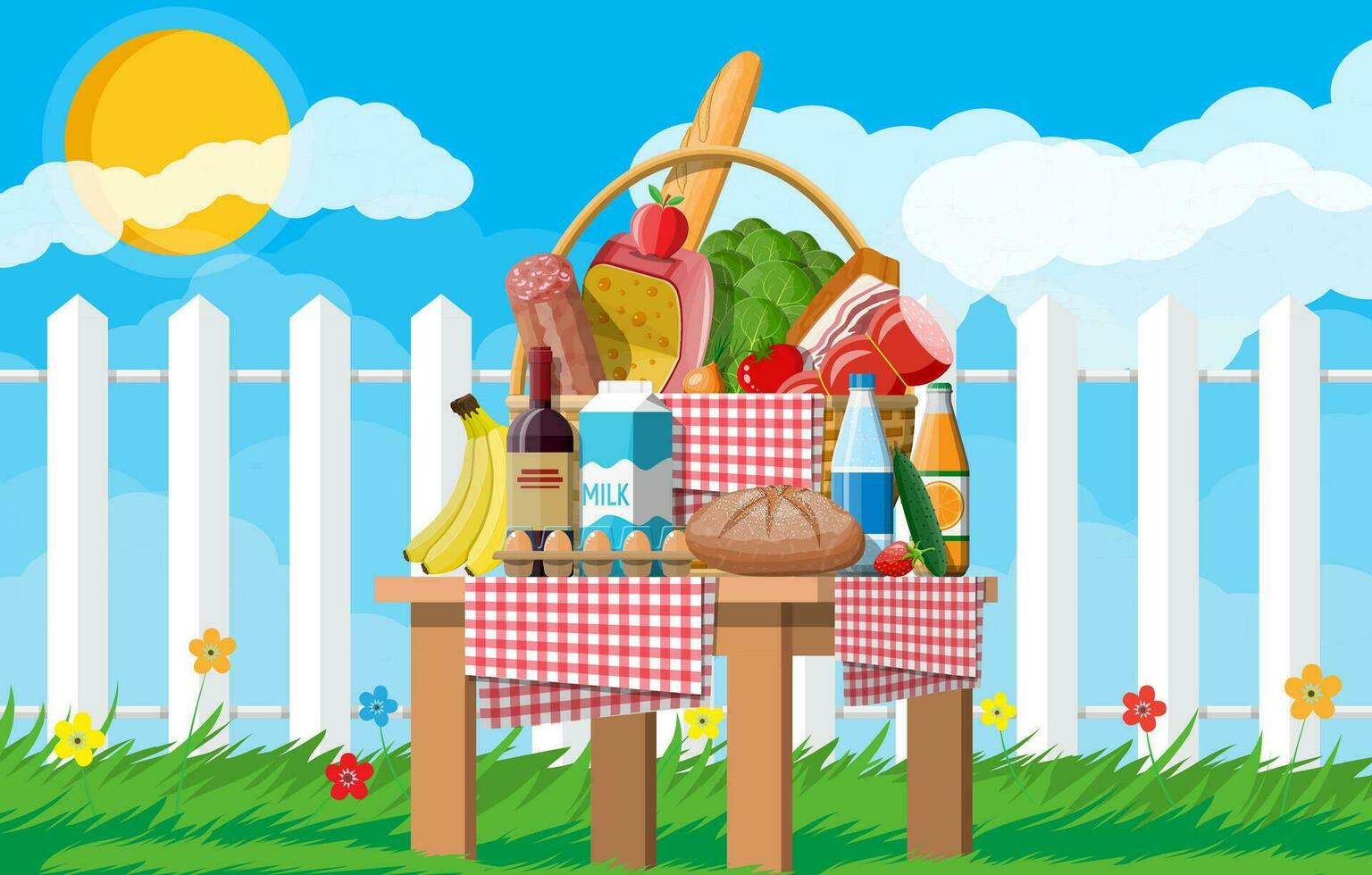 WIcker picnic basket full of products. Wine, sausage, bacon and cheese, apple, tomato, cucumber, salad, orange juice. Grass, flowers, sky with clouds and sun. Vector illustration in flat style