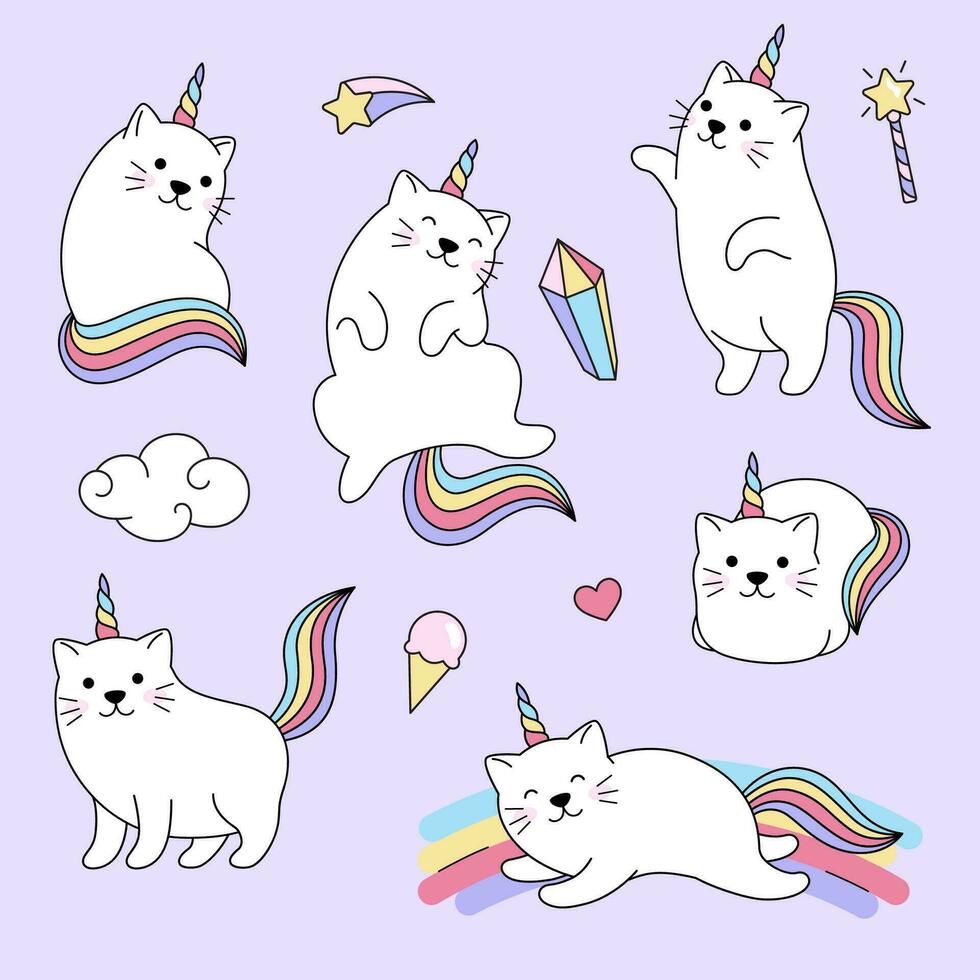 gato unicornios, conjunto de dibujos animados estilo ilustraciones, fantasía linda arco iris ilustraciones vector