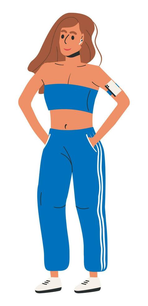 Woman Jogging and Listening to Music. Sports Cute Girl Isolated. Female Character in Sportswear. Outdoor Activities, Sport and Fitness Concept. Cartoon Flat Vector Illustration