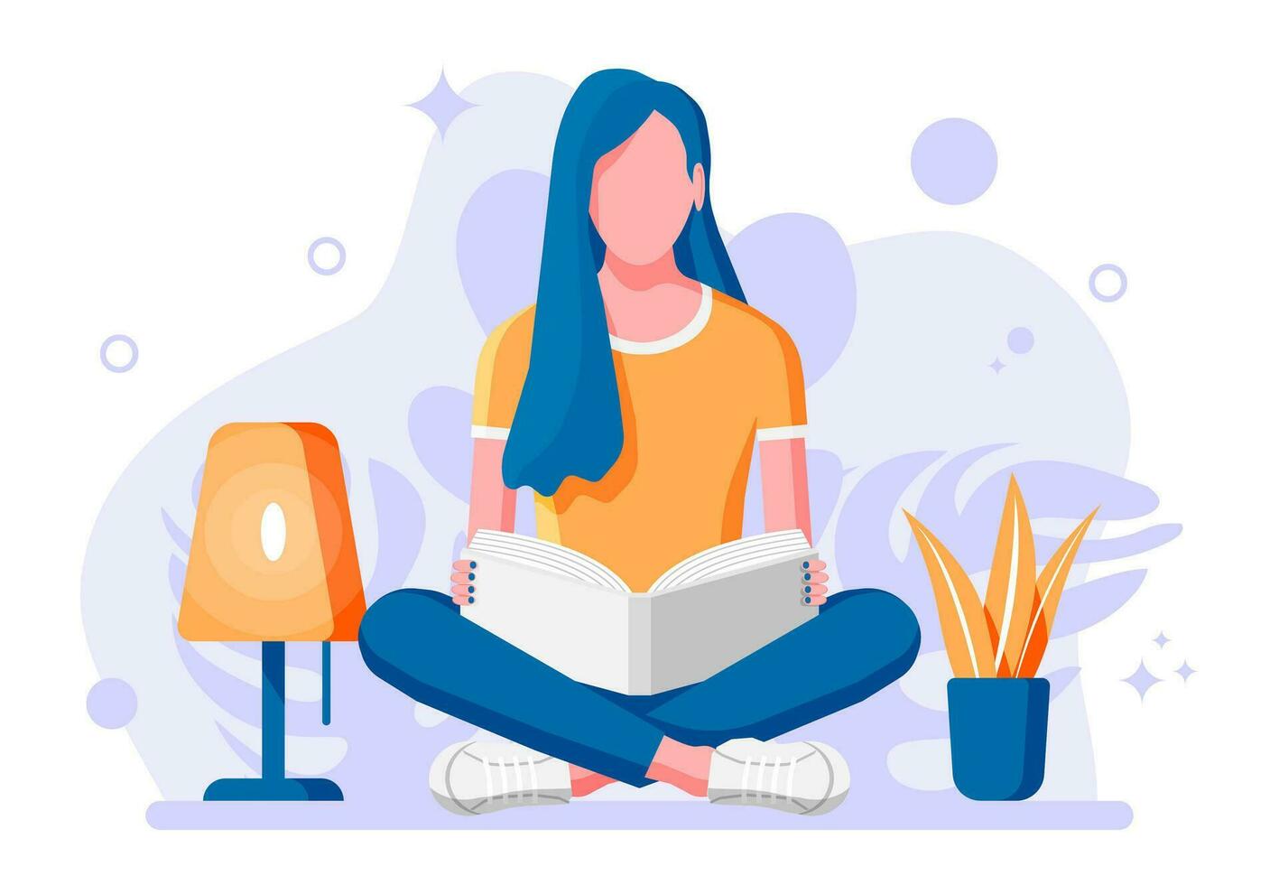 Young woman sitting cross-legged and read book. Girl in lotus pose with book. Creative job or studying, education concept. Prepares to exams. Student with textbook. Cartoon flat vector illustration