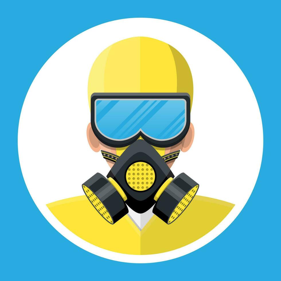 Man in yellow hazmat suit with respirator. Medical personal in uniform in safety mask. Healthcare, hospital and medical diagnostics. Urgency and emergency services. Vector illustration in flat style