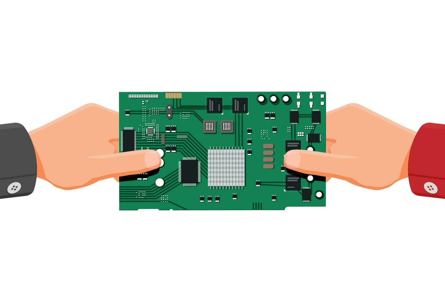 comprador mano y UPC pastilla. concepto de semiconductor escasez debido coronavirus pandemia. problemas con suministro cadena de computadora o electrónica fabricación. plano vector ilustración