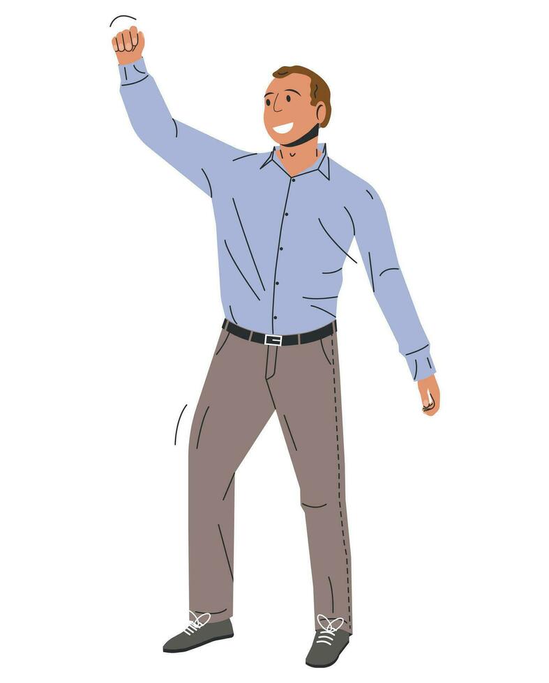 Confident Businessman with Holds Fist. Happy Manager in Smart Casual Wear Standing and Gesturing Yeah. Excited Man Expresses his Joy Raised his Hand Up. Positive Emotions. Flat Vector Illustration