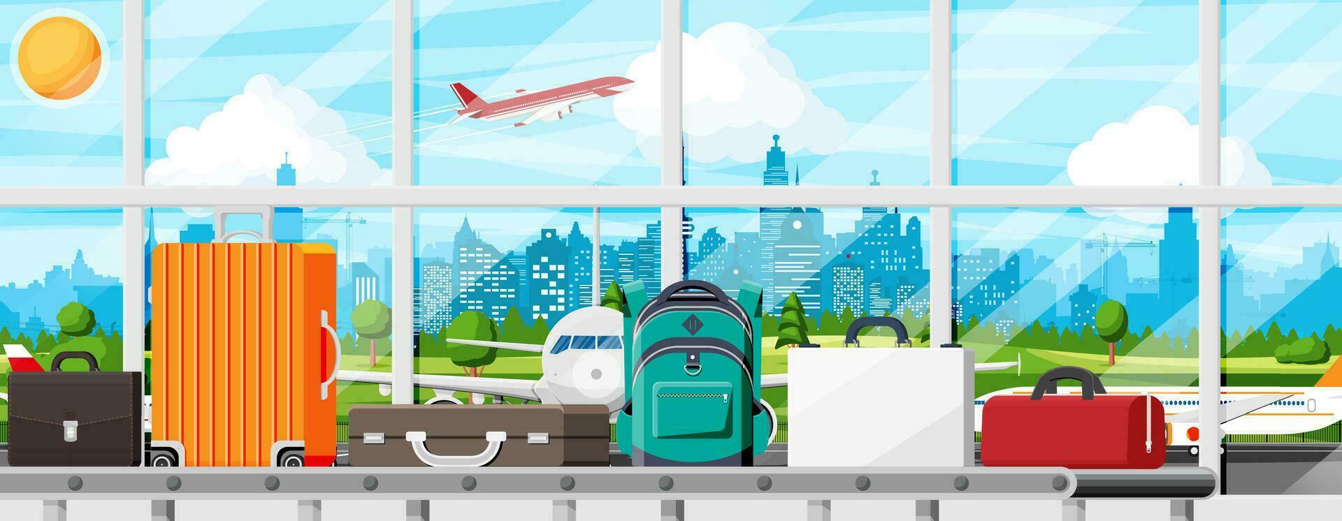 Luggage Carousel Against Airport Window With Taking Off Plane. Conveyor Belt With Passenger Luggage. Baggage Claim In Airport Interior. Logistic And Delivery. Cartoon Flat Vector Illustration