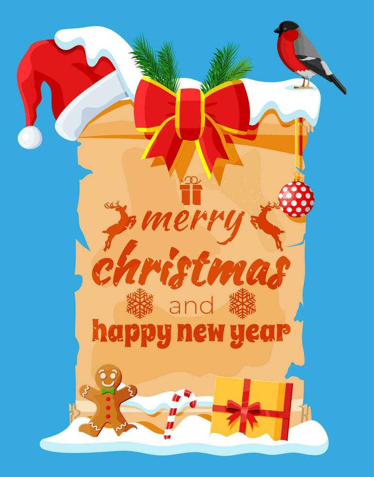 antiguo Navidad pergamino Desplazarse con rojo Papa Noel claus sombrero, regalo caja y arco. contento nuevo año decoración. alegre Navidad día festivo. nuevo año y Navidad celebracion. vector ilustración plano estilo