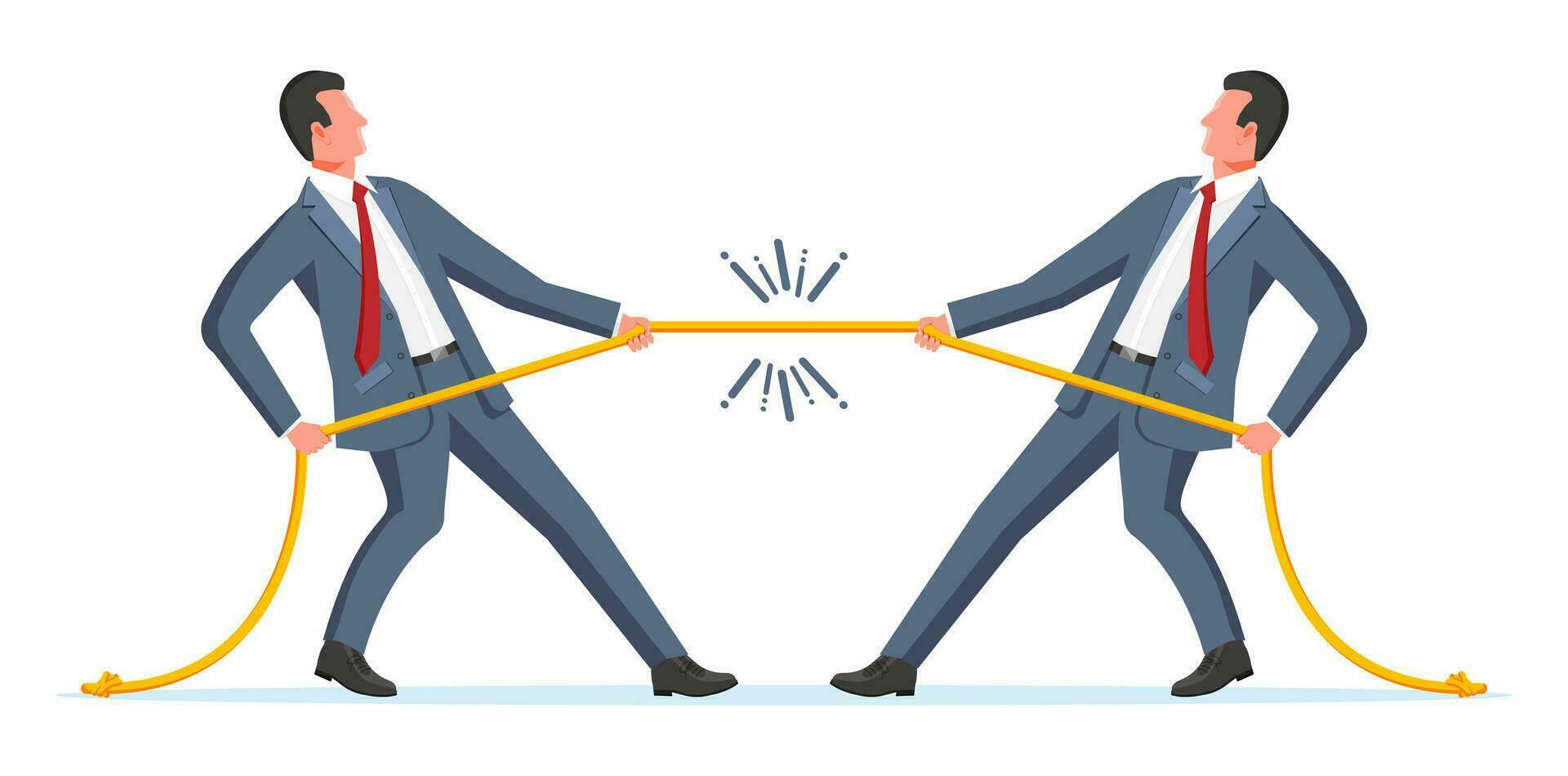 Two Businessman Pull of Rope. Man Tug of War and Look at Each Other. Business Target, Rivalry, Competition, Conflict. Achievement, Goal Success. Flat Vector Illustration