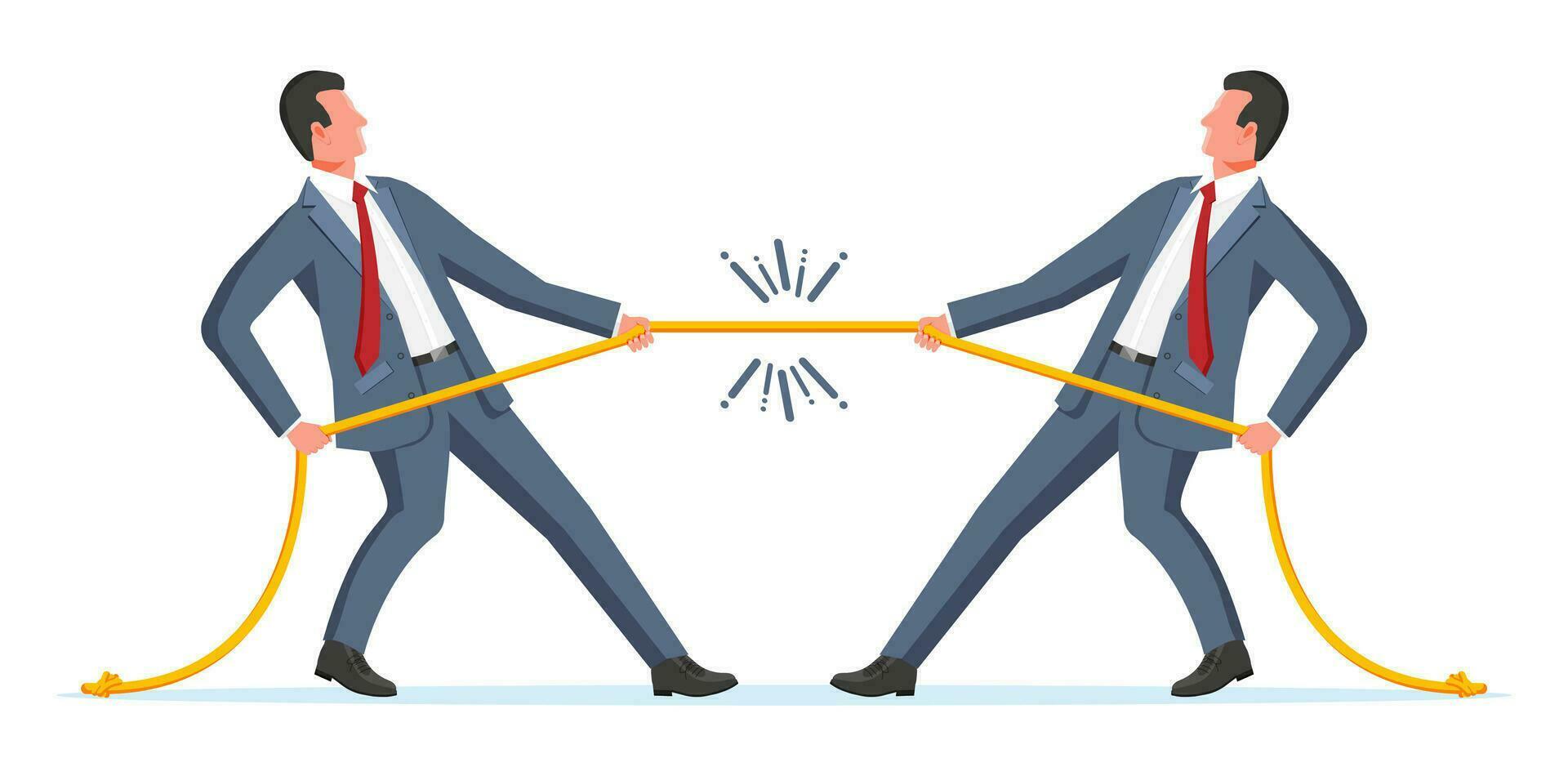 Two Businessman Pull of Rope. Man Tug of War and Look at Each Other. Business Target, Rivalry, Competition, Conflict. Achievement, Goal Success. Flat Vector Illustration