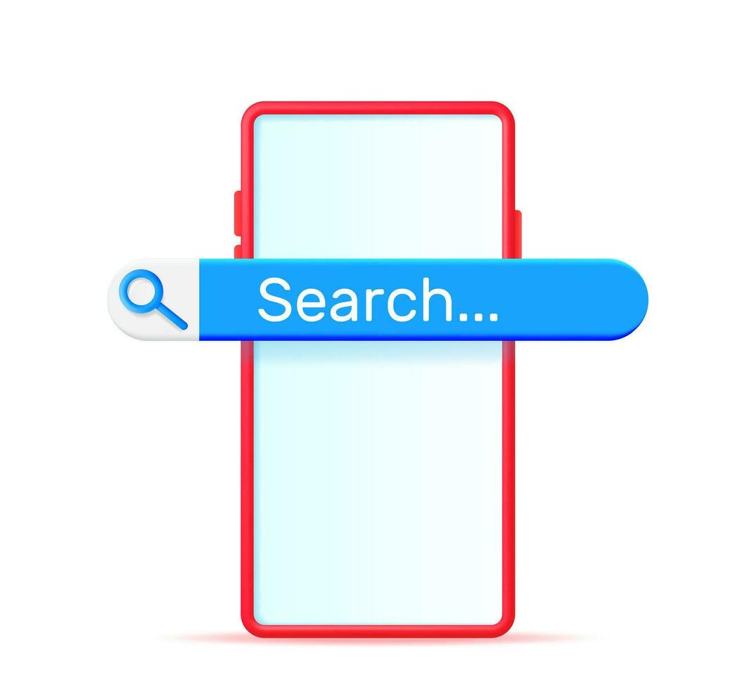 3D Smartphone with Search Bar Isolated. Browser Button on Screen, Application and UI. Navigation Search for Apps. Search Form Render on Mobile Device. Vector Illustration