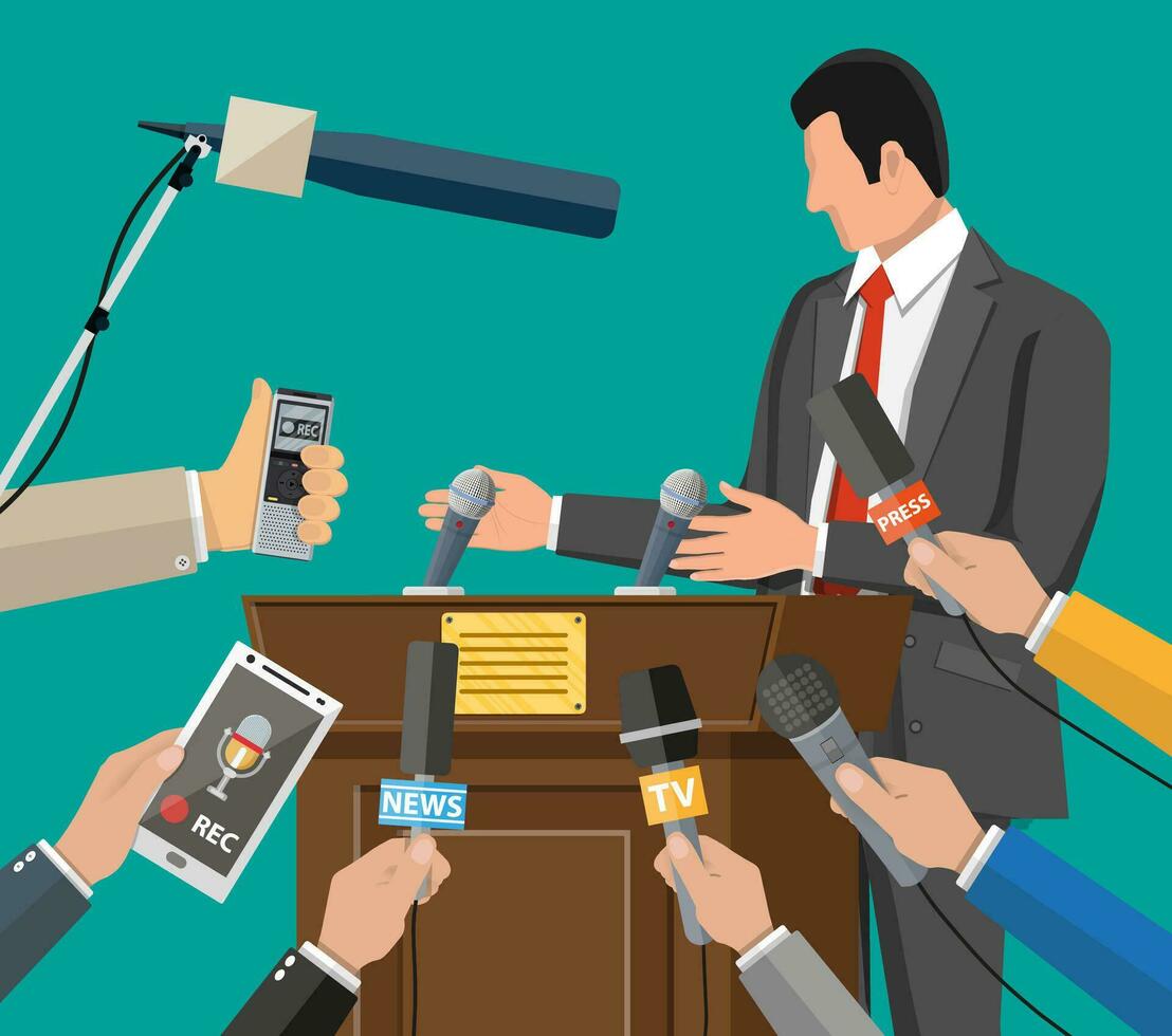 Public speaker. Rostrum, tribune and hands of journalists with microphones and digital voice recorders. Press conference concept, news, media, journalism. Vector illustration in flat style