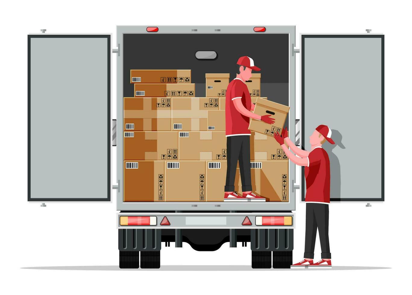 Truck trailer loaded with cardboard boxes by movers. Delivery van with pile of boxes. Express delivering services commercial truck. Fast and free delivery. Cargo logistic. Flat vector illustration