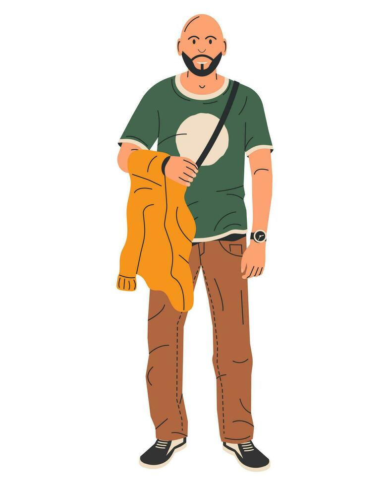 calvo joven hombre con barba con chaqueta en mano. elegante calvo barbado masculino personaje en casual ropa. de moda moderno hombre en pie pose. chico en camiseta, chinos, zapatillas. dibujos animados plano vector ilustración