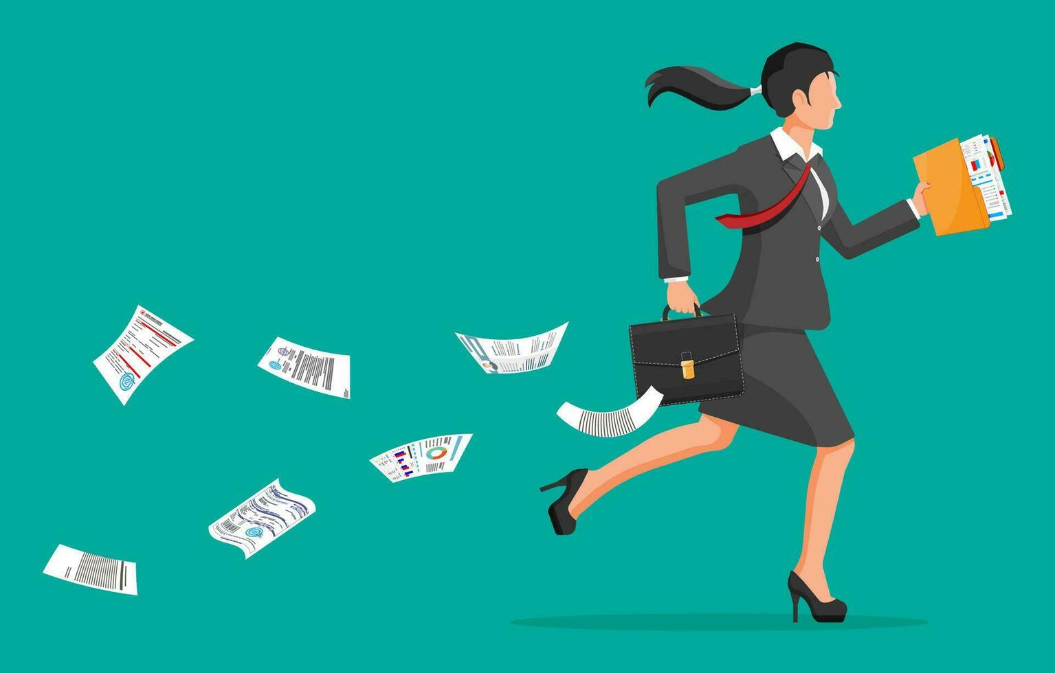 Businesswoman is fast running with waving necktie and briefcase. Business woman rushing hurry to get on time losing paper documents. Time is money. Flat vector illustration