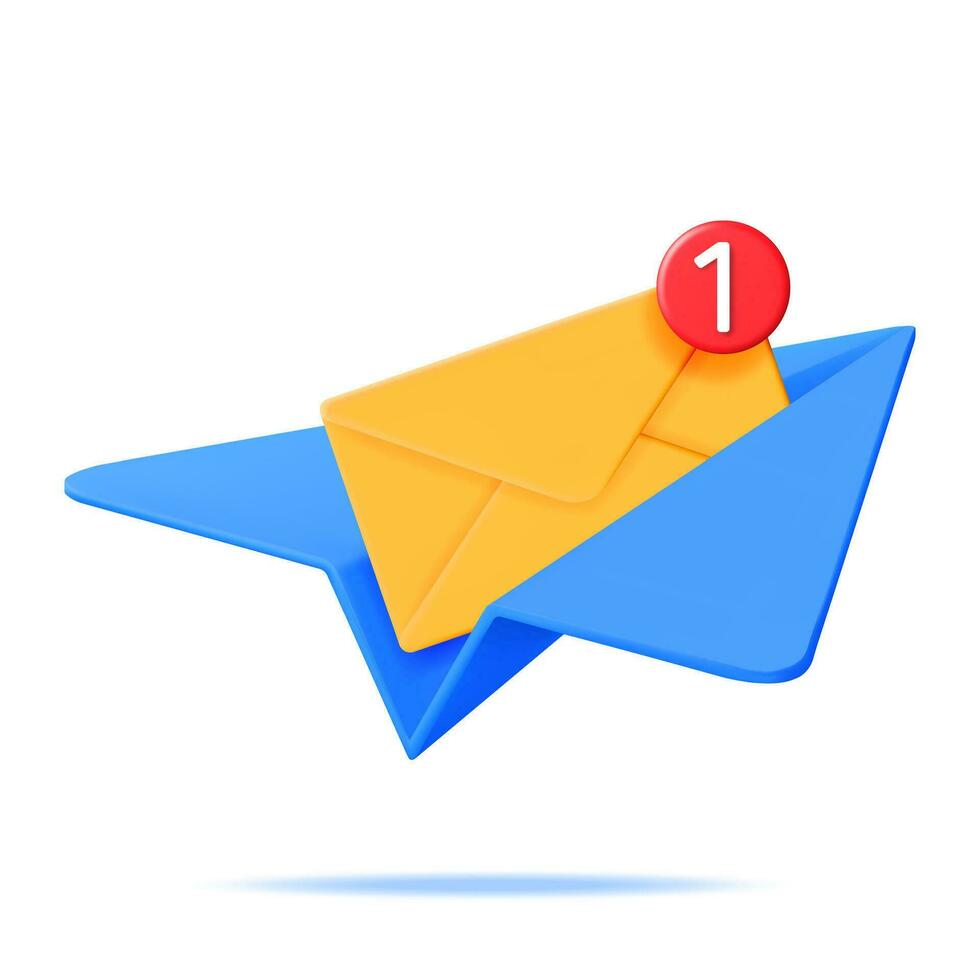 3D Mail Envelope in Paper Plane and Notification Message. Paper Letter Icon with Notification Red Bubble and Airplane. New or Unread Email. Message, Contact, Letter and Document. Vector Illustration