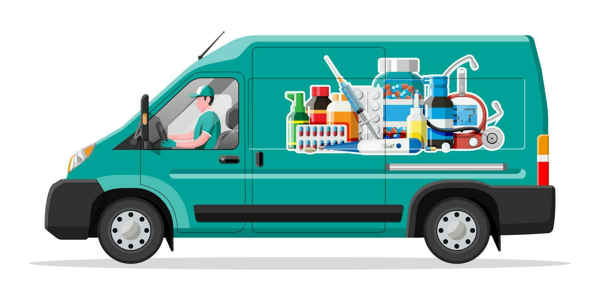 camioneta para entrega farmacéutico drogas verde farmacia camión. Internet farmacia, oline orden. médico asistencia, ayuda, apoyo en línea. salud cuidado. vector ilustración en plano estilo