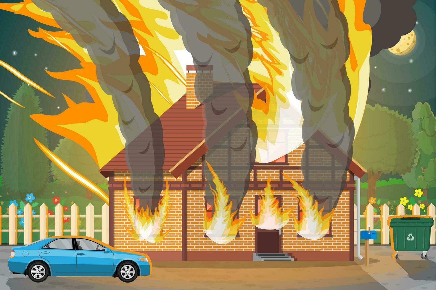 Wooden house burns. Fire in cottage. Orange flames in windows, black smoke with sparks. Property insurance. Nature landscape. Natural disaster concept. Vector illustration in flat style