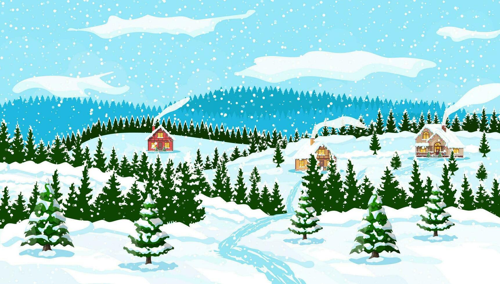 Winter christmas background. Pine tree wood and snow. Winter landscape with fir trees forest and village. Happy new year celebration. New year xmas holiday. Vector illustration flat style