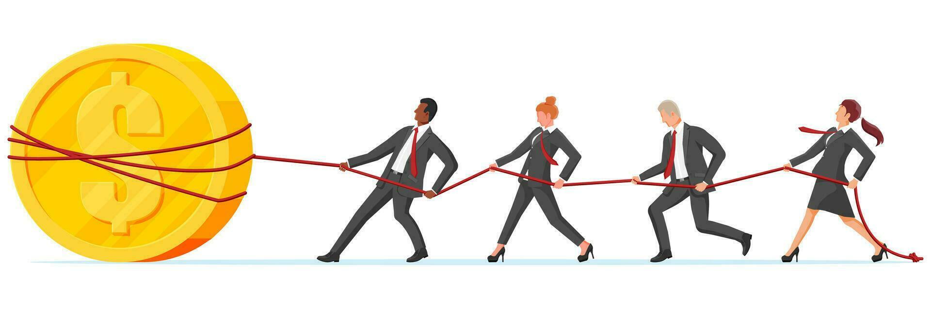 Business People Pull of Rope with Gold Coin. Man and Woman Tug of War. Team Work, Help and Support. Business Target, Rivalry, Competition, Conflict. Achievement, Goal Success. Flat Vector Illustration