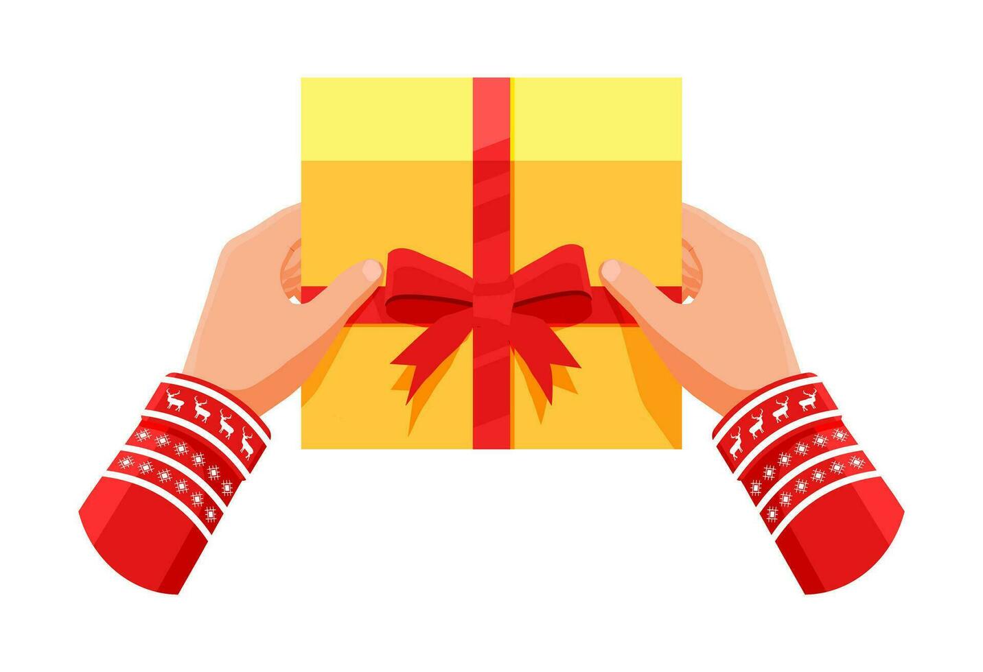 Gift box in hands isolated on white. Colorful wrapped. Sale, shopping. Present box with bows and ribbons. Giftbox for birthday and holiday. New Year Christmas Xmas banner. Flat vector illustration