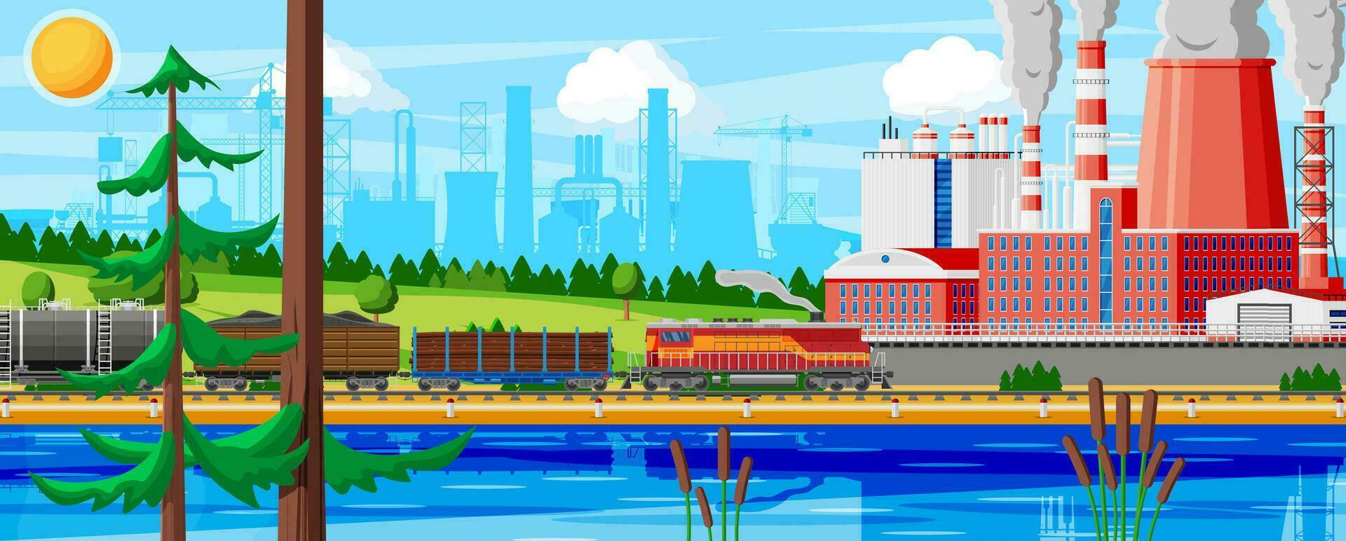 Industrial Landscape of Cargo Rail Transportation with Plant and Fuming Pipes. Factory Building. Pipes, Buildings, Warehouse, Freight Railway Station. Cityscape Urban Skyline. Flat Vector Illustration