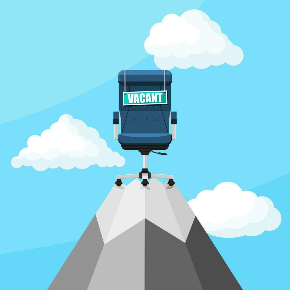 Office Chair and Sign Vacancy at Mountain Peak. Hiring and Recruiting. Human Resources Management Concept, Searching Professional Staff, Work. Found Right Resume. Vector Illustration in Flat Style