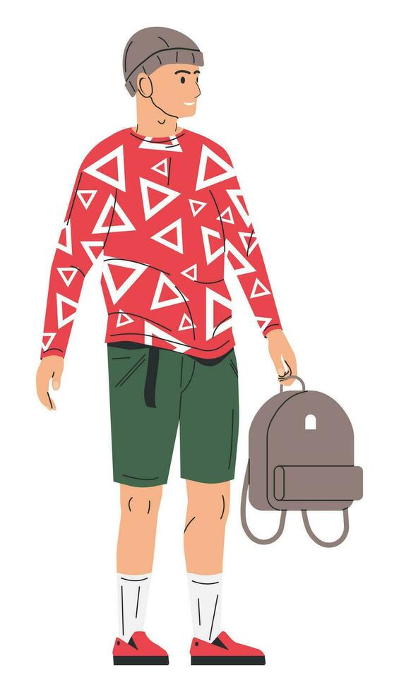 blanco desollado hombre en largo manga con imprimir, bermudas, sombrero, medias, mocasines. joven hombre en de moda calle ropa. masculino personaje en elegante casual mirar. de moda chico. dibujos animados plano vector ilustración