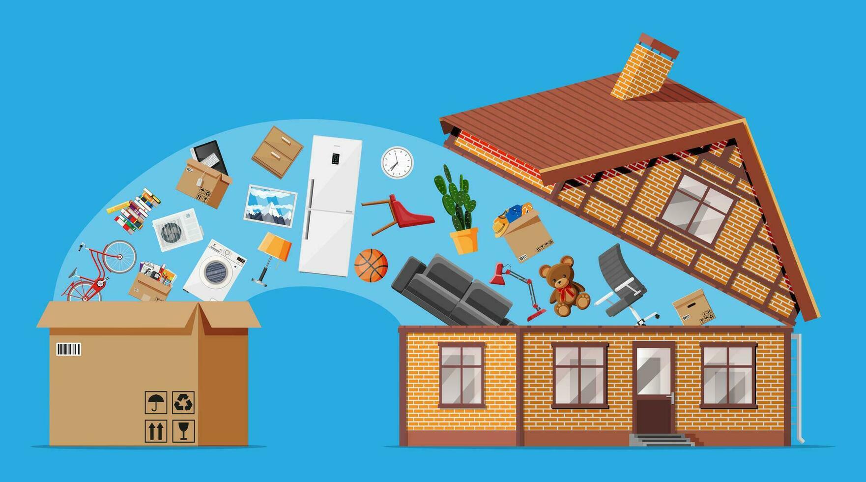 Wooden building full of home stuff inside. Moving to new house. Family relocated to new home. Boxes with goods. Package transportation. Computer, lamp, clothes, books. Flat vector illustration
