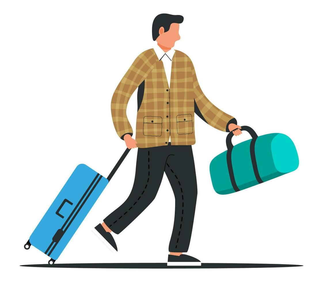 hombre con viaje bolsa. turista con maleta, maletín, corriendo a aeropuerto. empresario con equipaje aislado. negocio hombre con equipaje. negocio vuelo. plano vector ilustración