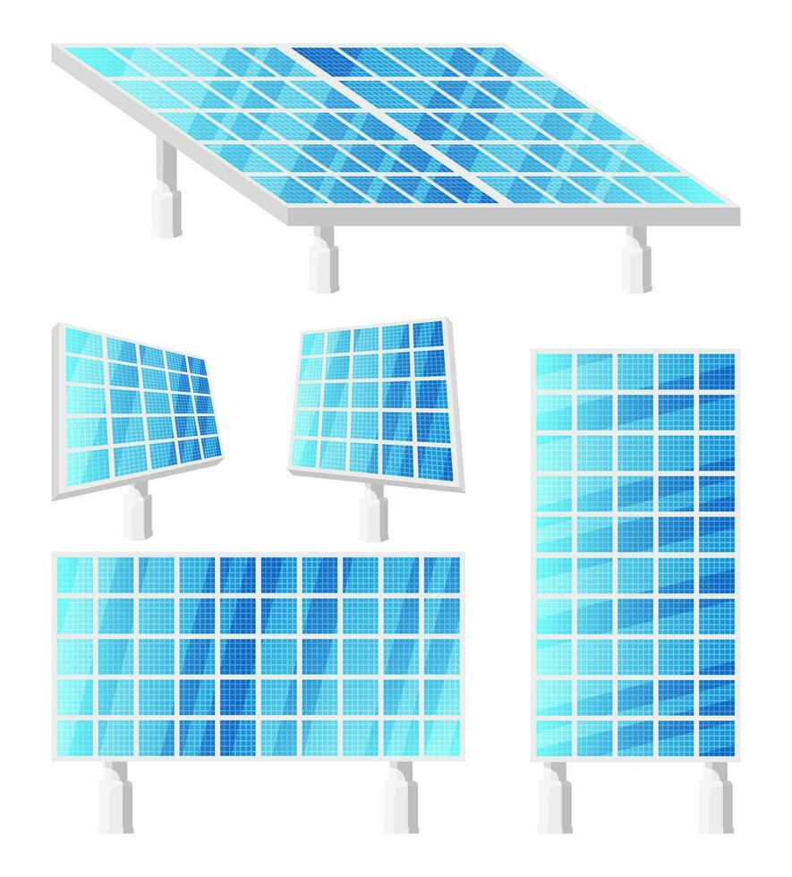 Set Solar Panels for Alternative Energy Generation. Sun Power Conservation. Blue Energy Resource Isolated on White. Electric System Cell. Alternative Renewable Energy Source. Flat Vector Illustration