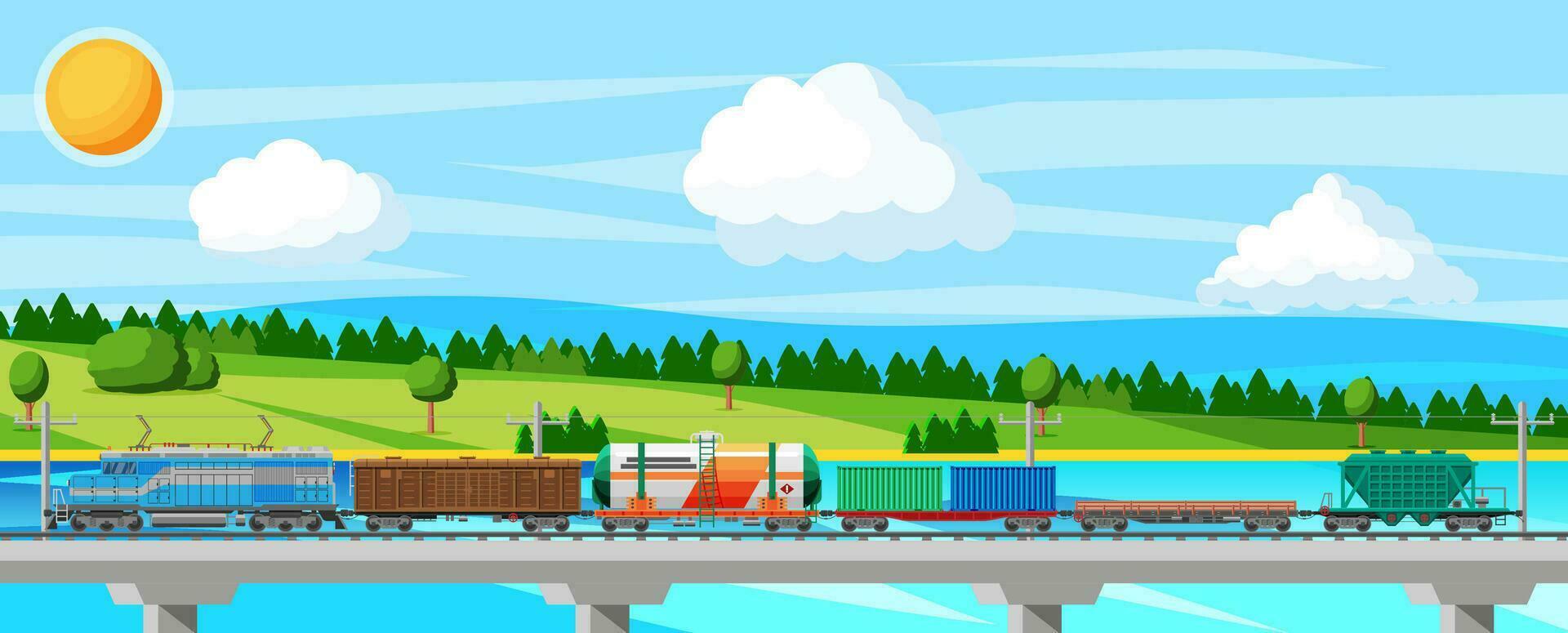 Train with Cargo Wagons, Cisterns, Tanks and Cars. Railroad Freight Collection. Nature Landscape with Trees, Hills, Forest and Clouds. Cargo Rail Transportation. Flat Vector Illustration