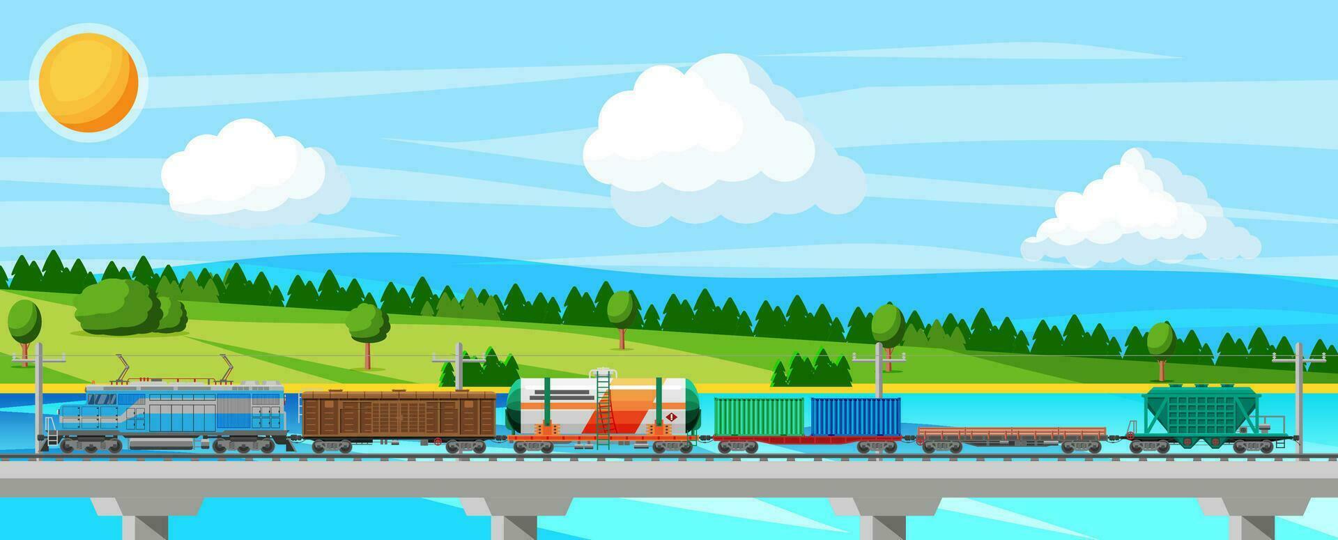 tren con carga vagones, cisternas, tanques y carros. ferrocarril carga recopilación. naturaleza paisaje con árboles, sierras, bosque y nubes carga carril transporte. plano vector ilustración