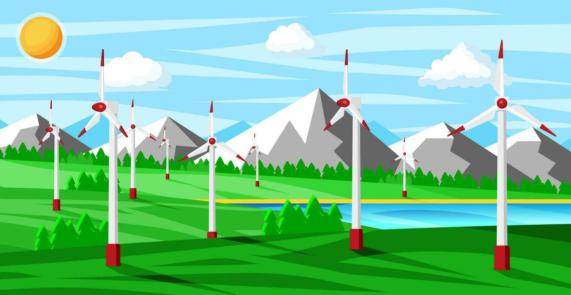 Wind Farm In Green Fields Among Trees. Nature Landscape With Modern Windmills. Green Energy Concept Banner. Ecology Alternative Energy Source Technology. Flat Vector Illustration