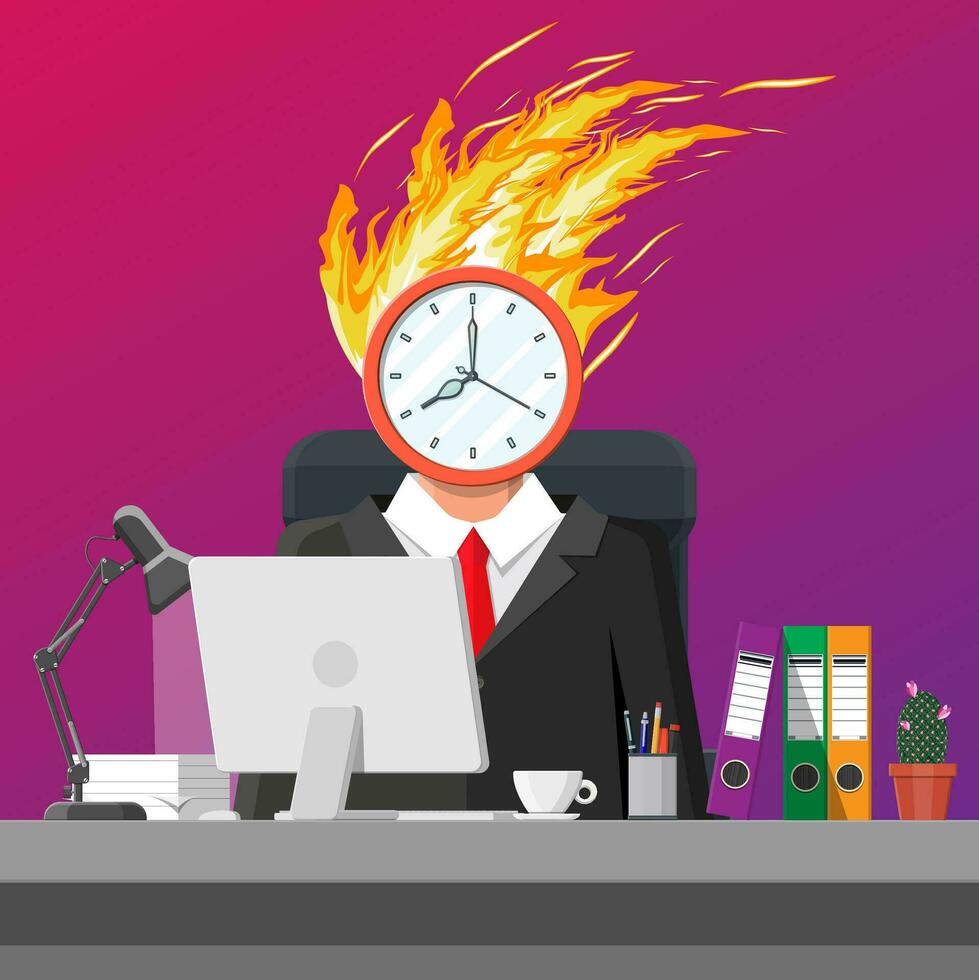 estresado empresario en lugar de trabajo cansado trabajo en computadora. negocio hombre reloj cabeza en fuego. fecha límite tarde con trabajando tarea. sobrecargado de trabajo estresado oficina obrero. hora gestión. plano vector ilustración