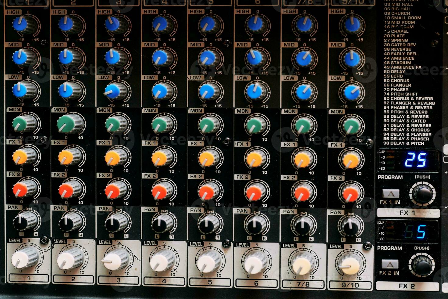Mixing console for controlling the volume, frequencies of musical instruments photo
