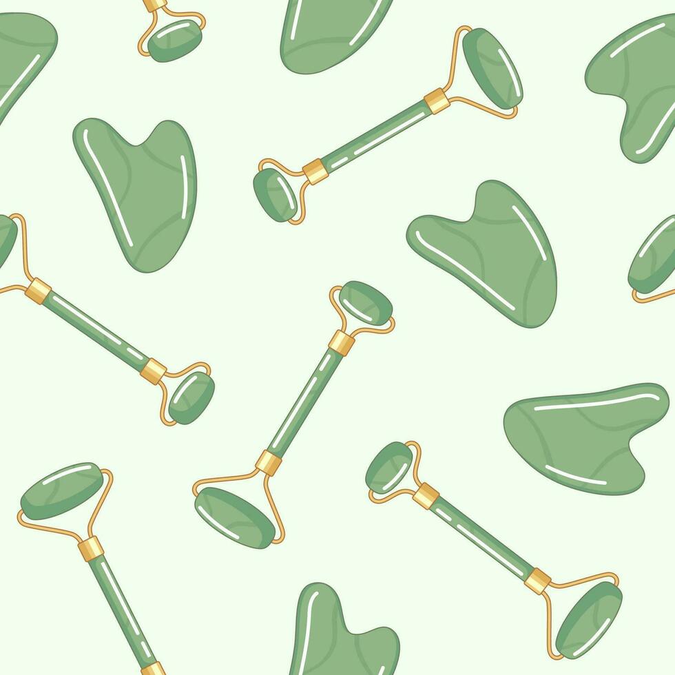 Jade face roller and gua sha tool seamless pattern, background. Massage, face routine, morning care illustration vector