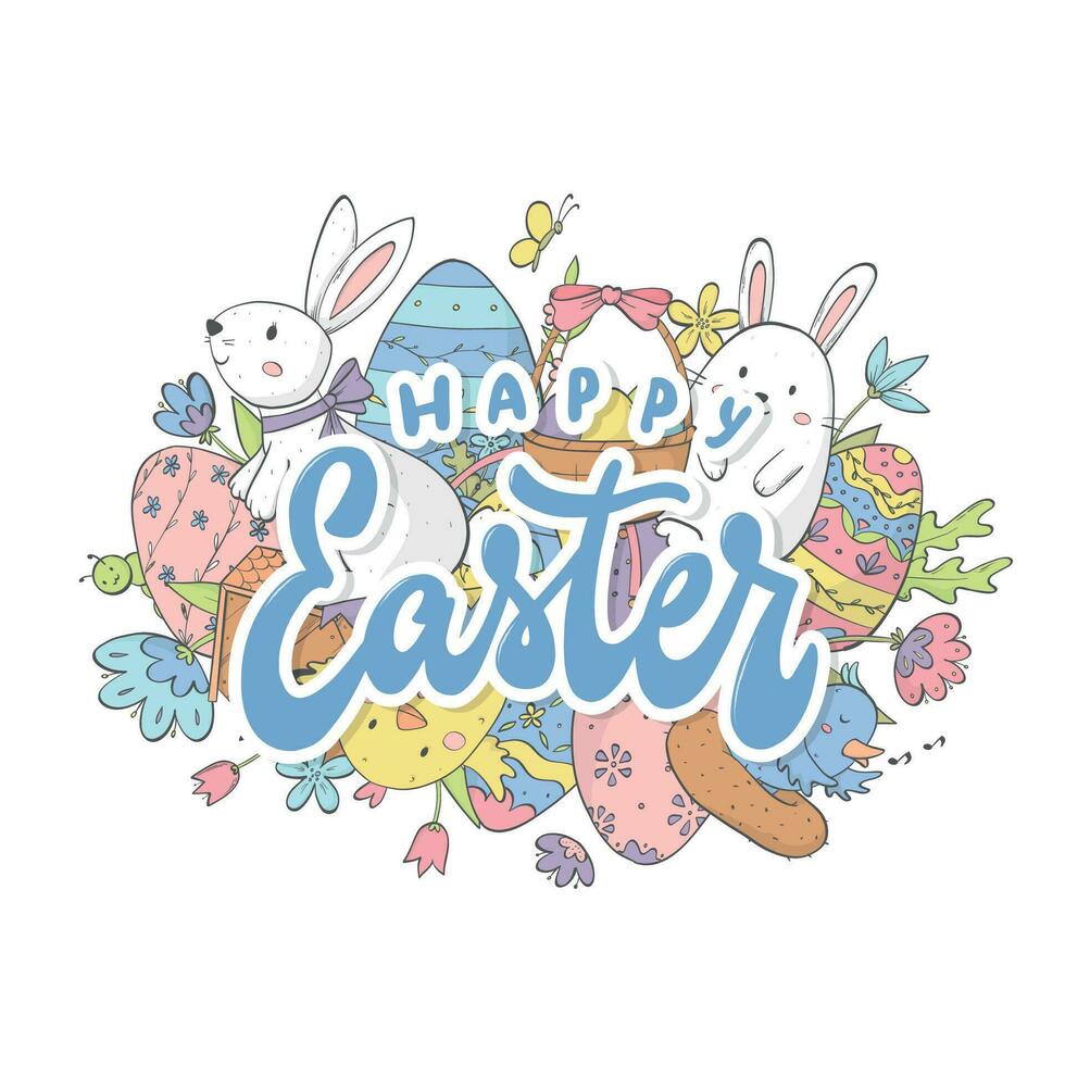 Happy Easter lettering quote decorated with cute doodles on the background for prints, greeting cards, stickers, banners, posters, invitations, sublimation, etc. EPS 10 vector