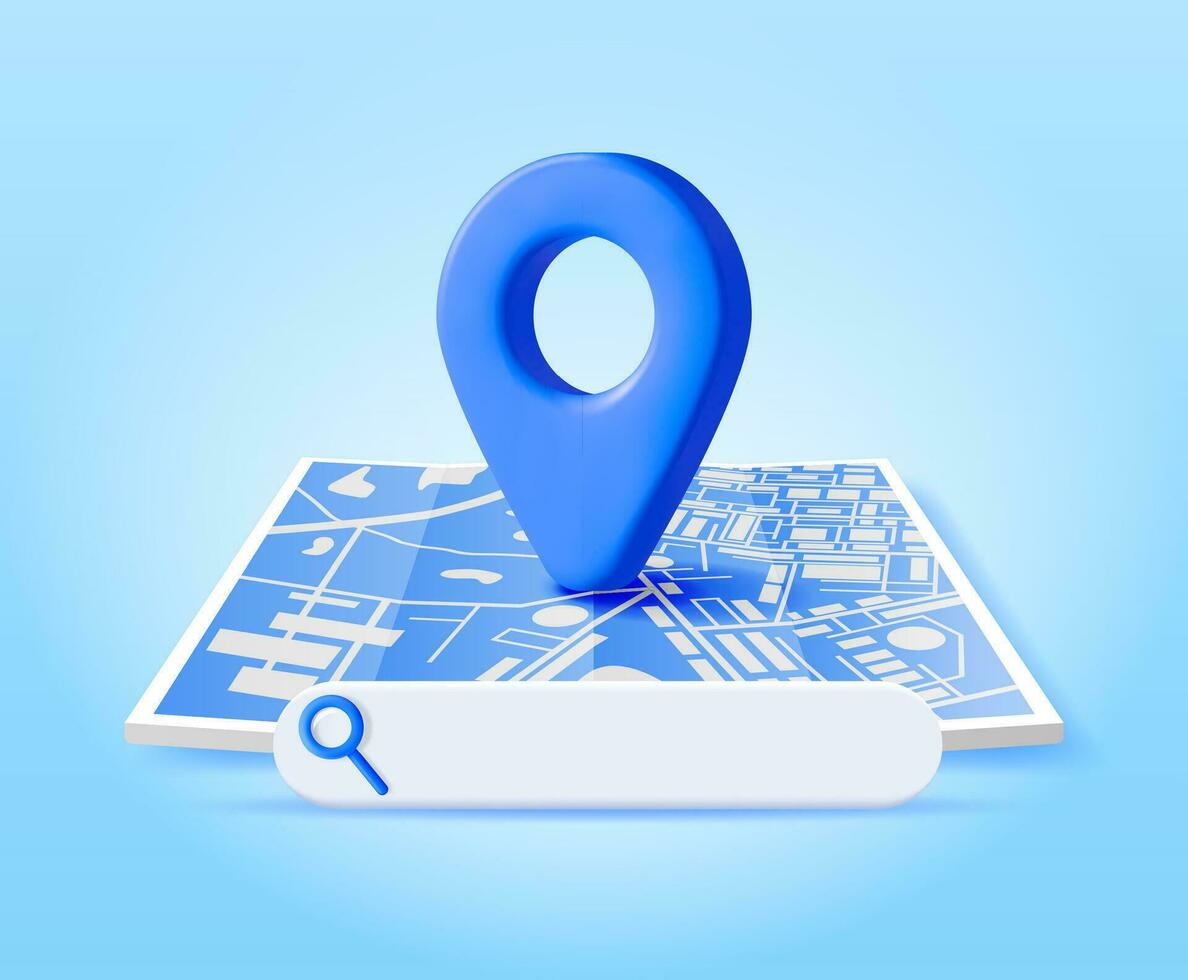 3D Location Folded Paper Map, Search Bar and Pin Isolated. Blue GPS Pointer Marker Icon. GPS and Navigation Symbol. Element for Map, Social Media, Mobile Apps. Realistic Vector Illustration