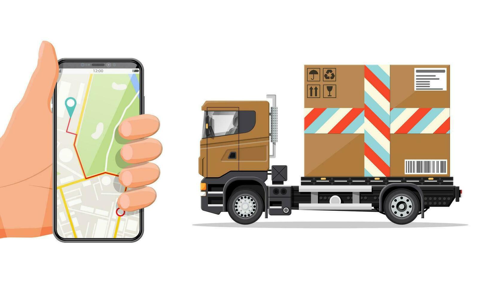 entrega camioneta con caja y teléfono inteligente con navegación aplicación Rápido entregando servicios comercial camión. concepto de rápido y gratis entrega por coche. carga y logístico. dibujos animados plano vector ilustración