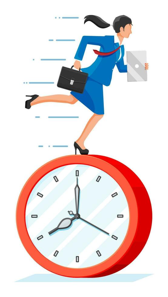 Big clock and businesswoman is fast running with waving necktie and briefcase. Business woman rushing hurry to get on time. Time is money. Flat vector illustration
