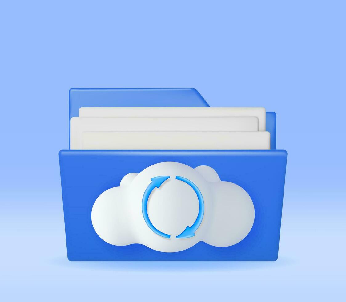 3D Blue Folder in Clouds with File Sync Icon Isolated. Render Computer File Folder with Synchronization Cloud. Data Center, Cloud Storage Concept. Online Backup. Internet Archive. Vector Illustration