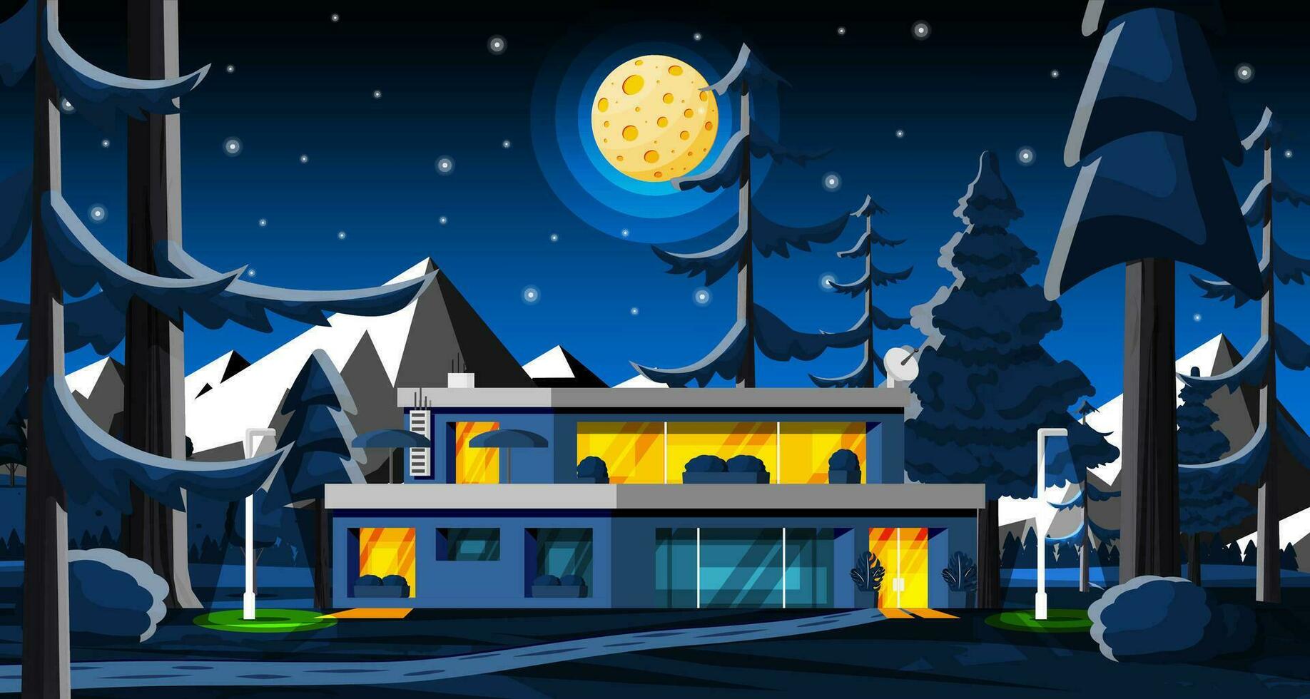 Country House in Night Forest Landscape. Cottage Among Trees with Mountains. Panoramic Countryside of Green Field with Modern Building. Summer Nature Landscape. Cartoon Flat Vector Illustration