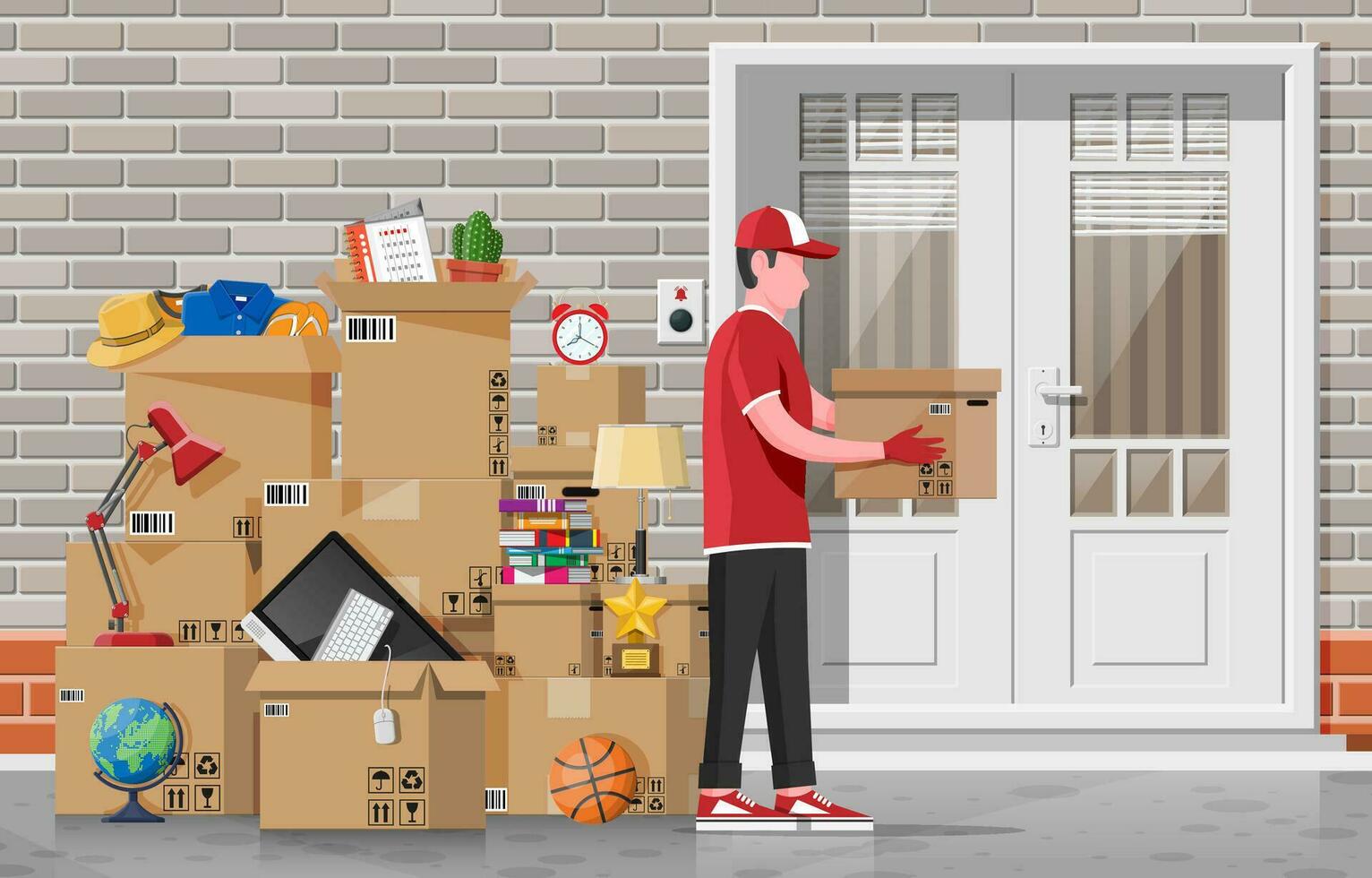 Moving to new house. Family relocated to new home. Male mover, paper cardboard boxes near house facade. Package for transportation. Computer, lamp, clothes, books. Vector illustration in flat style