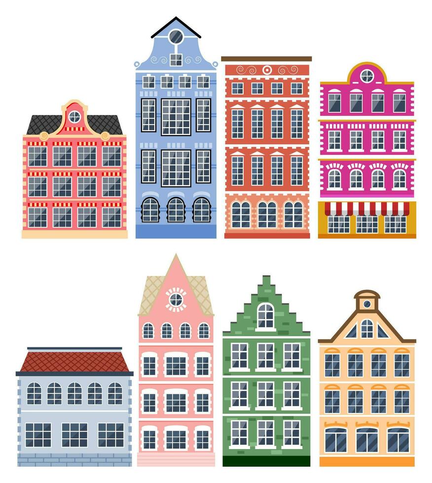 Residential House Icon Collection in Dutch Style. Amsterdam Old Building Set Isolated. Historic Facade with Windows. Architecture of Old Europe. Flat Vector Illustration